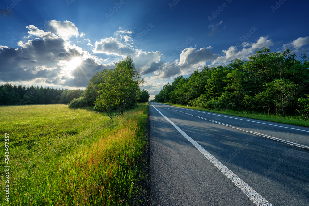 Empty asphalt road between the forest and the clearing at sunset