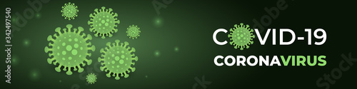 Coronavirus infection covid-19, dark green banner. Dark vector green background corona virus cell 2019-ncov virus. COVID-19 pandemic risk banner. Vector illustration.