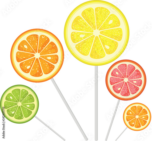 Collection of citrus fruits slices lollipops