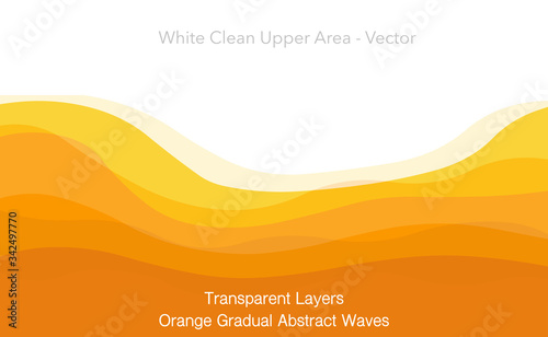 Orange abstract wavy transition. Light dark gradual yellow waves dune, desert, tulle, sunset, citrus, buddhist monk. Carrot hair. Gradual change. White background. Intangible Illustration Vector