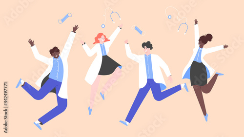 Fototapeta Naklejka Na Ścianę i Meble -  Happy multinational doctors happily jumping. People in white coats. Winners and heroes. Vector flat illustration.