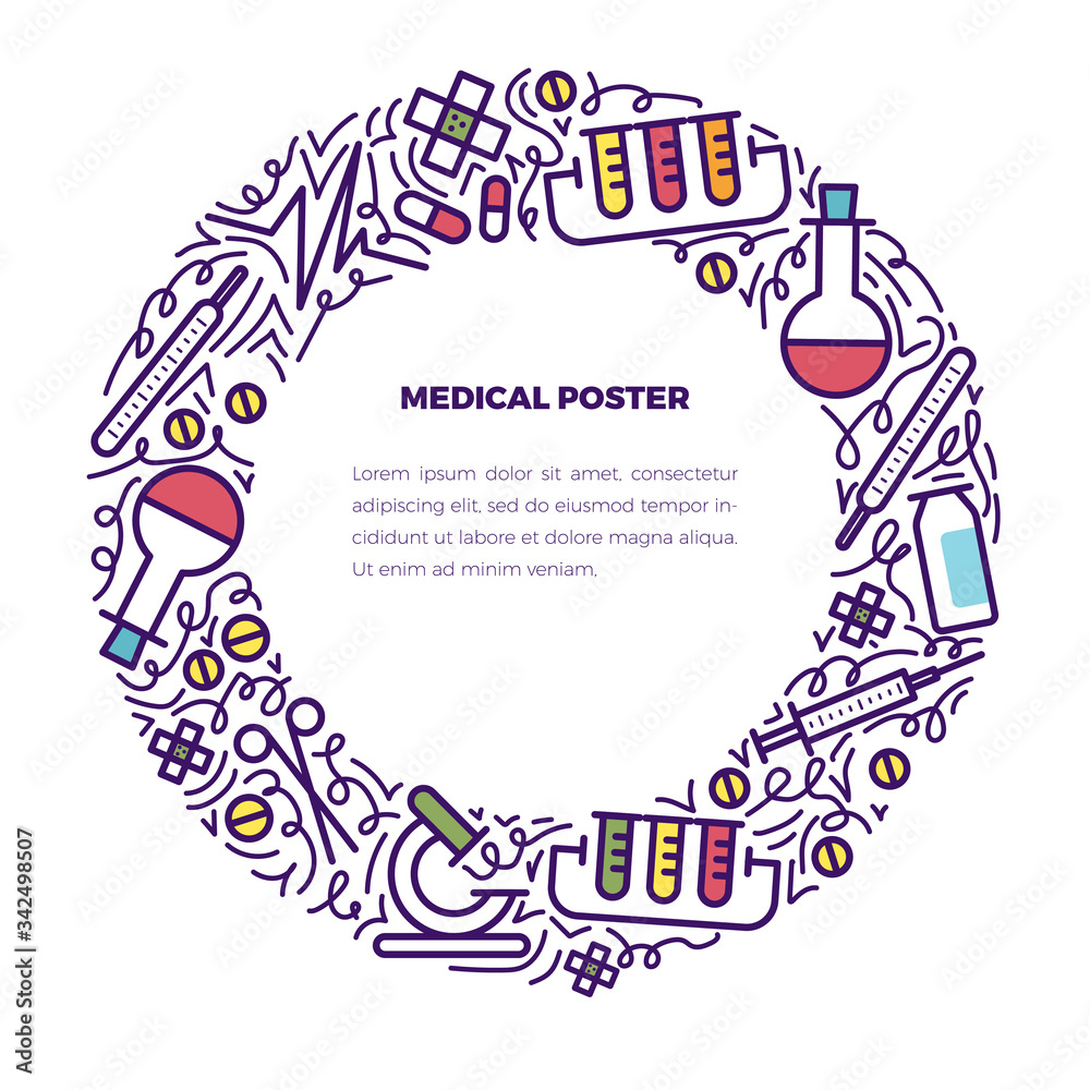 Obraz premium circle frame vector concept medical doodles illustration. With place for text. Healthy lifestyle concept. Design for advertising, web sites, posters, print.