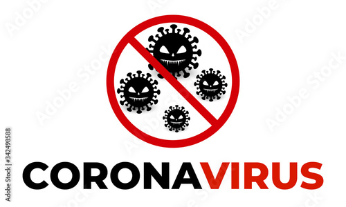 Coronavirus scary face stop icon in red prohibitory round sign. Pandemic stop novel corona virus outbreak covid-19 scary face. Danger of infection 2019-ncov novel covid19 virus corona bacteria.
