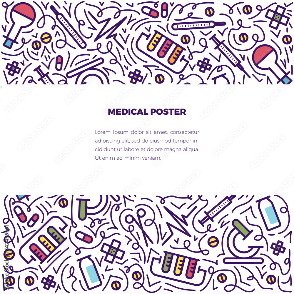 vector medical doodles concept illustration. With place for text. Healthy lifestyle concept. Design for advertising, web sites, posters, print.