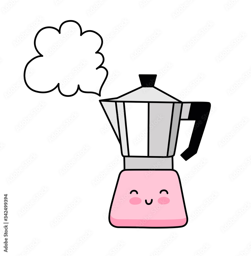 Italian geyser coffee maker. Kawaii moka pot. Cute cartoon character.  Vector simple illustration. Stock Vector | Adobe Stock