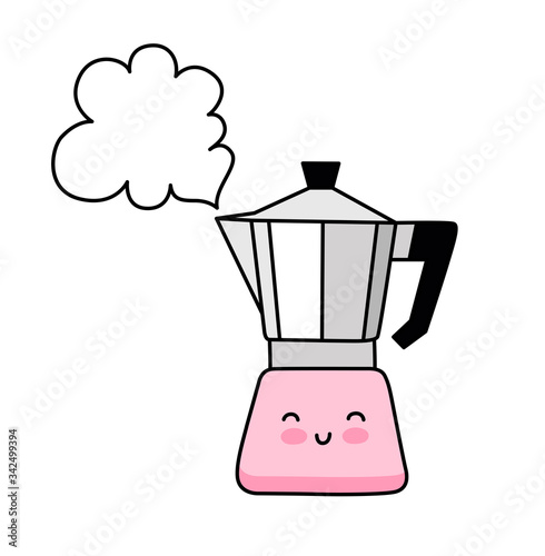 Italian geyser coffee maker. Kawaii moka pot. Cute cartoon character. Vector simple illustration.