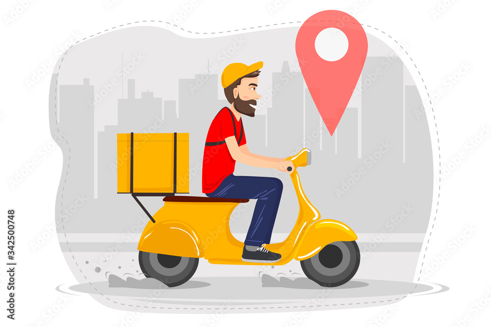 Food delivery by the delivery man on a moped with ready-made food. With a bag on a motorcycle. Food delivery by the delivery man on a moped with ready-made food. With a bag on a motorcycle.