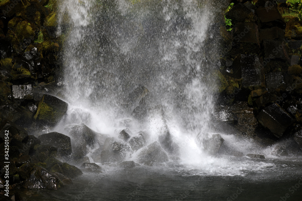 Skaftafell / Iceland - August 18, 2017: The black waterfall of Svartifoss in Skaftafell National Park, Iceland, Europe