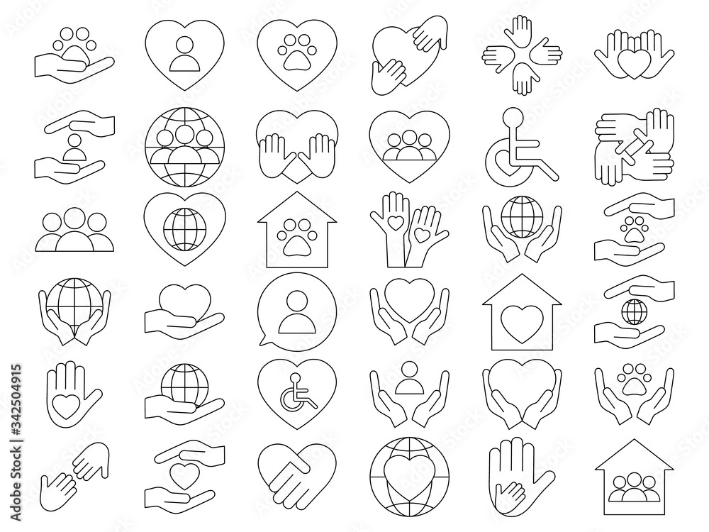 Voluntary, charity, donation set icons. Orphans and animal help, voluntary activity, heart in hands vector stock illustration isolated on white background.