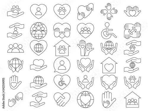 Voluntary, charity, donation set icons. Orphans and animal help, voluntary activity, heart in hands vector stock illustration isolated on white background.