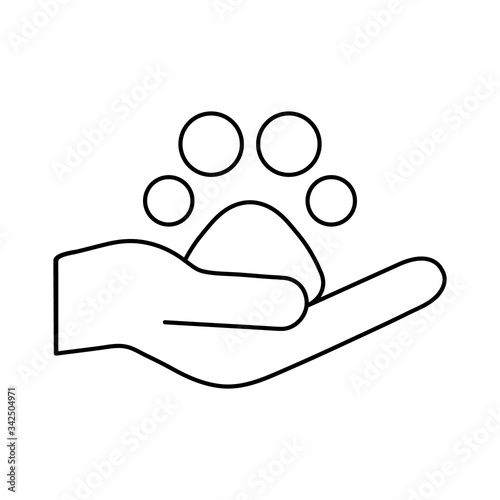 Animals help vector illustration isolated on white background. Animal footprint, trace in hands. Voluntary, charity, donation icon.