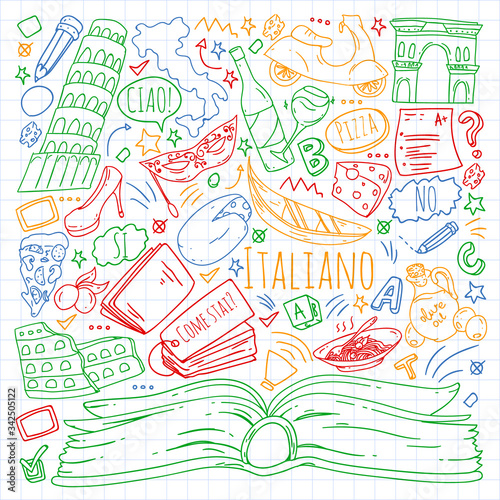 Italian language learning. Vector pattern with icons and national symbols of Italy.