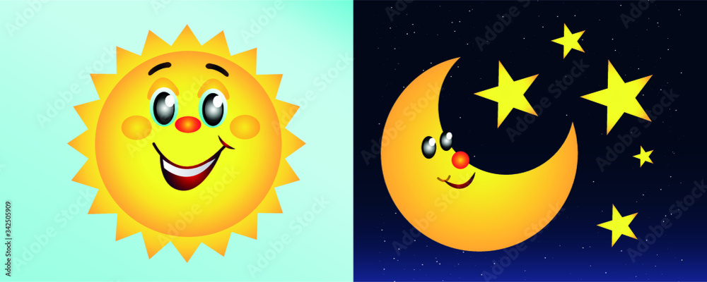 Day and night illustrations with funny smiling cartoon characters of sun and moon. Vector