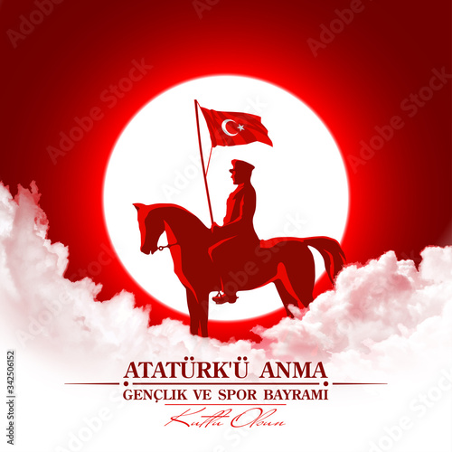 Turkish national holiday illustration banner 19 mayis Ataturk'u Anma, Genclik ve Spor Bayrami, tr: 19 may Commemoration Ataturk, Youth and Sports Day, White and red graphic design Turkish holiday card