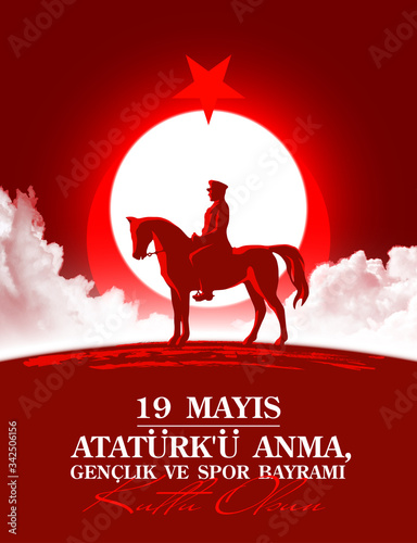 Turkish national holiday illustration banner 19 mayis Ataturk'u Anma, Genclik ve Spor Bayrami, tr: 19 may Commemoration Ataturk, Youth and Sports Day, White and red graphic design Turkish holiday card