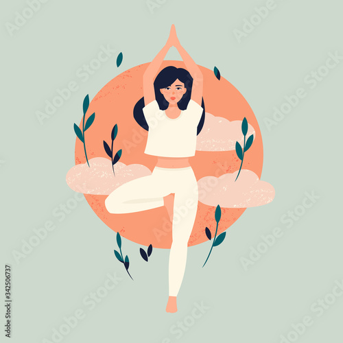 Vector illustration of brunette woman is standing in a tree pose from yoga against the background of the sun and clouds on a light green background