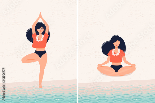 Vector set of brunette woman doing yoga by the sea