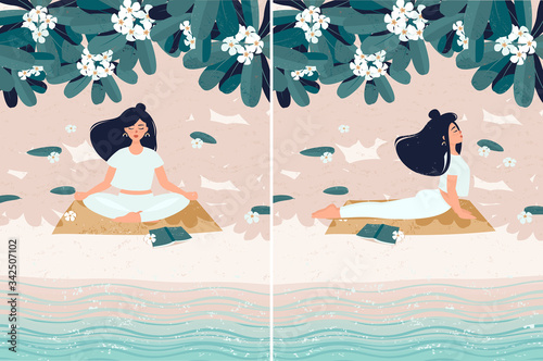 Vector set of brunette woman doing yoga on the beach by the sea under flowering frangipani tree