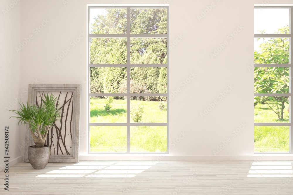 Stylish empty room in white color with summer landscape in window. Scandinavian interior design. 3D illustration