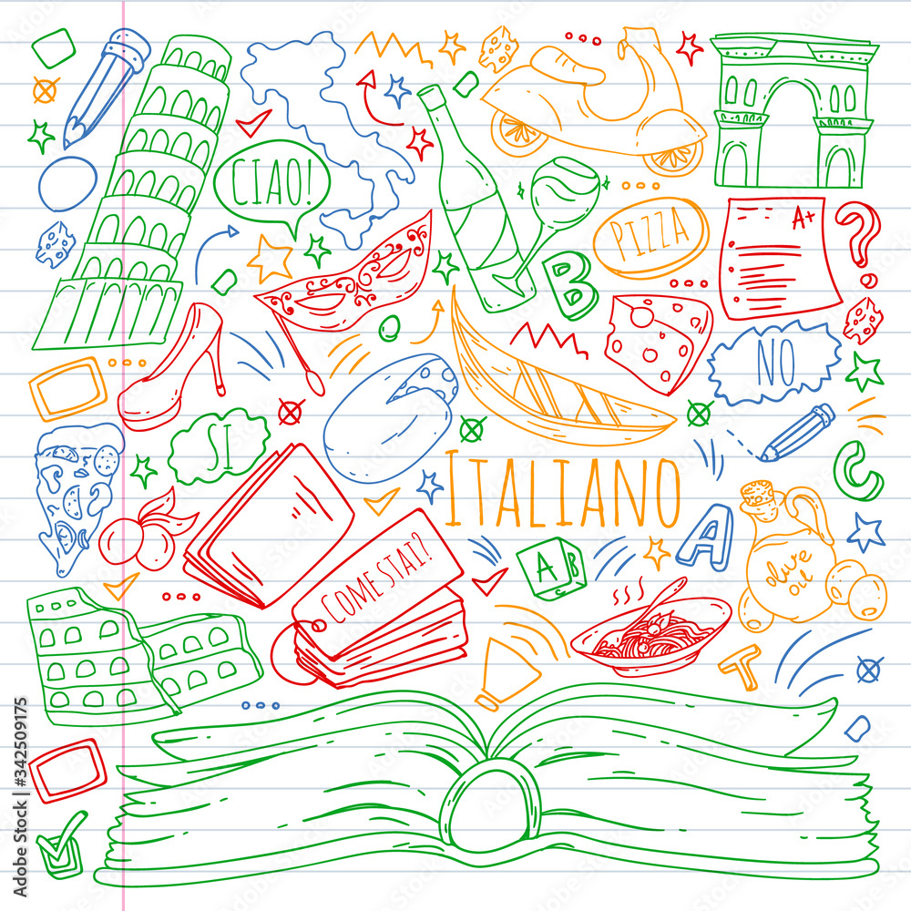 Italian language learning. Vector pattern with icons and national symbols of Italy.