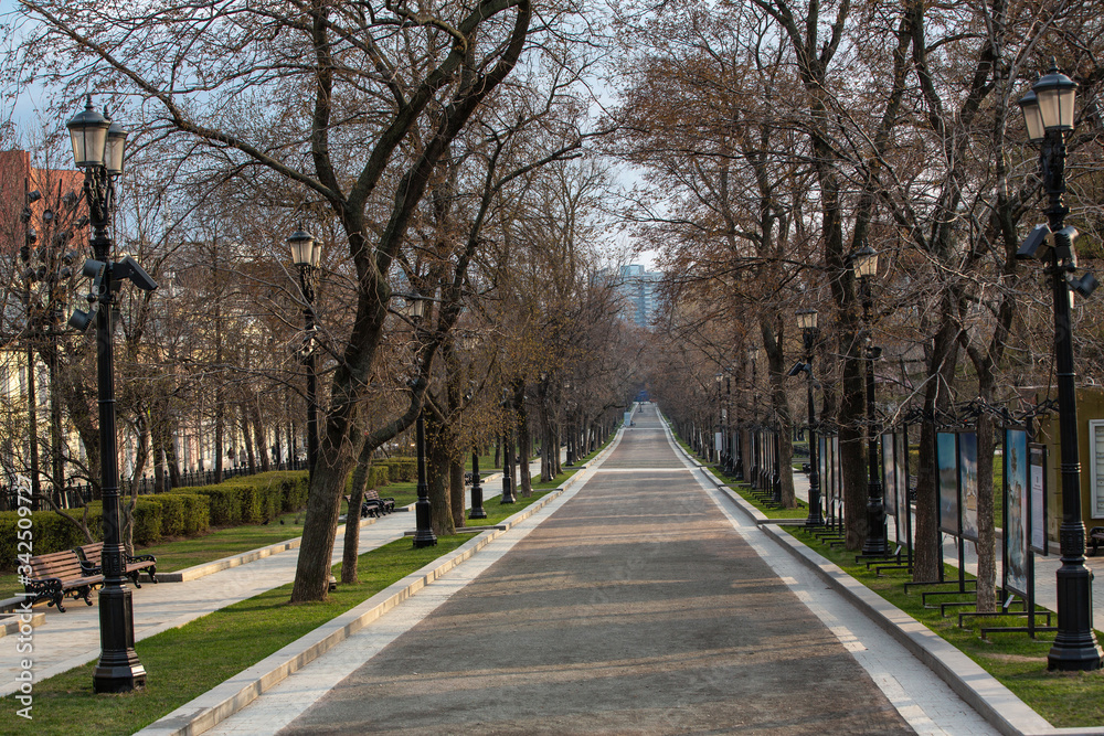 April 2020 Moscow, Tverskaya Boulevard. Sunny day. Empty park alley. Self-isolation in the city. Quarantine in Moscow.