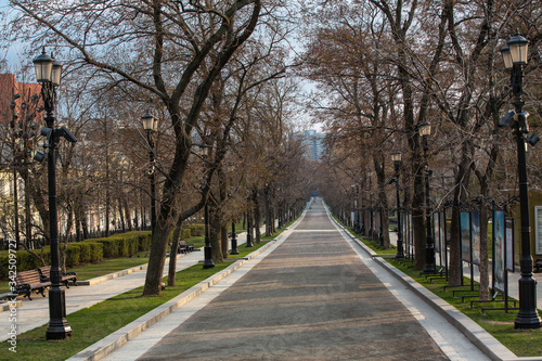 April 2020 Moscow, Tverskaya Boulevard. Sunny day. Empty park alley. Self-isolation in the city. Quarantine in Moscow.