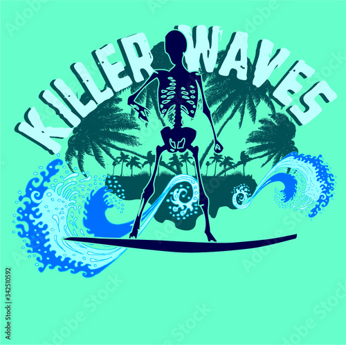 skeleton surfer print and embroidery graphic design vector art