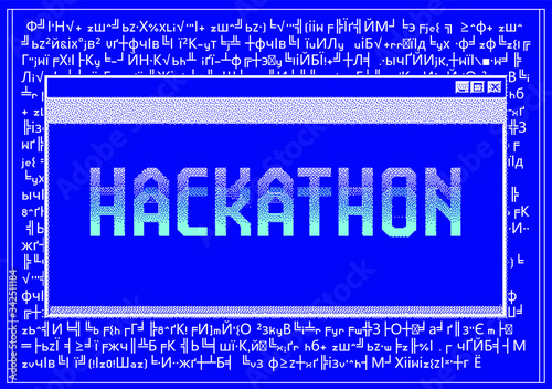 Glitched computer screen with random broken encoding, ascii art and console window like in retro PC of 80s-90s. Concept of ransomware, Code Injection and cyber security.
