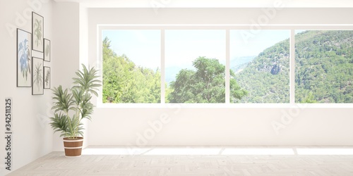 White panoramic empty room with summer landscape in window. Scandinavian interior design. 3D illustration