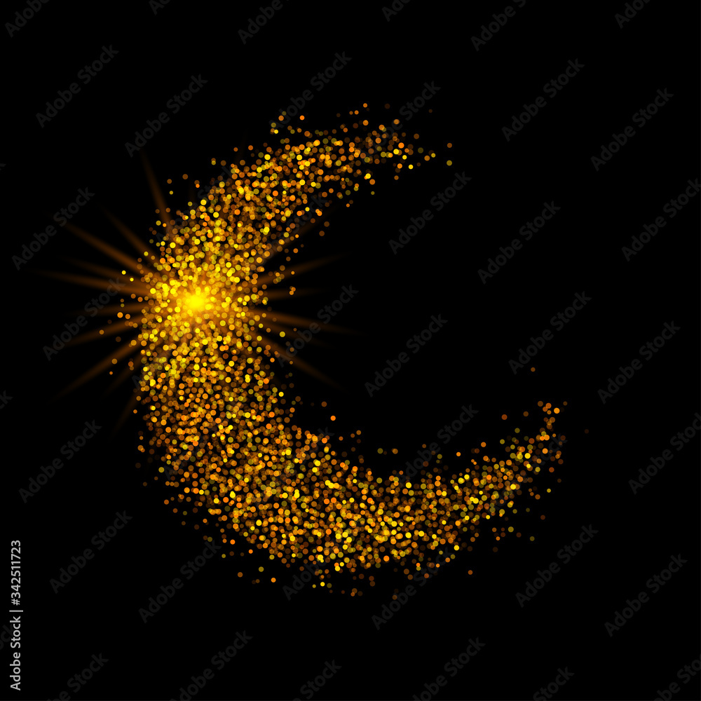 Crescent golden glitter moon on shiny black background for holy month of  Muslim community Ramadan Kareem. Eid Mubarak glitter holiday design with  glowing lights. Luxury gold crescent with confetti. Stock Vector |