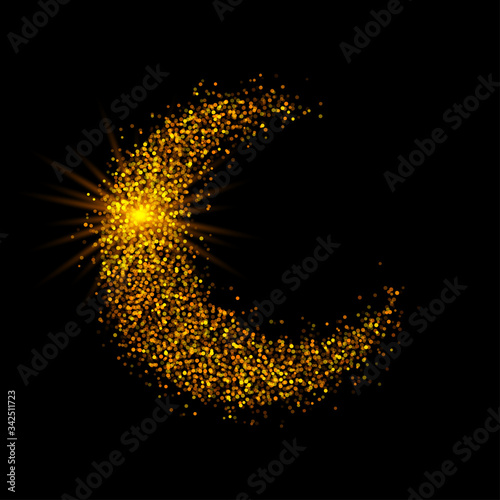 Crescent golden glitter moon on shiny black background for holy month of Muslim community Ramadan Kareem. Eid Mubarak glitter holiday design with glowing lights. Luxury gold crescent with confetti.