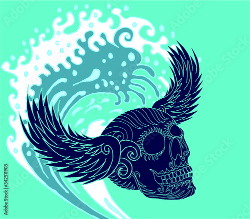 skull surf wave graphic design vector art