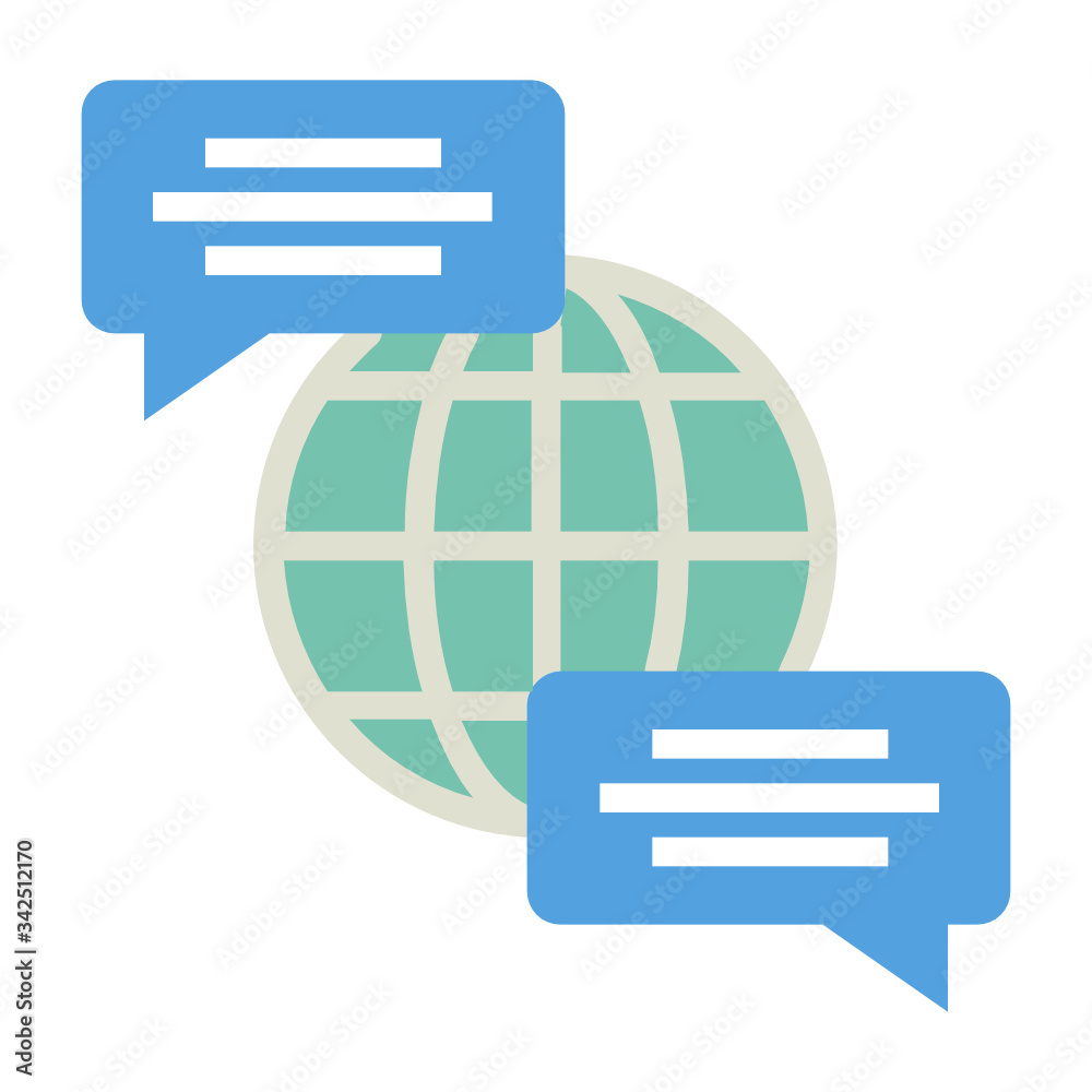 Global Business Communication Concept, Chat Bubble Text with World Map on white background, work from home symbol vector color icon design Global Business Communication Concept, Chat Bubble Text with World Map on white background, work from home symbol vector color icon design