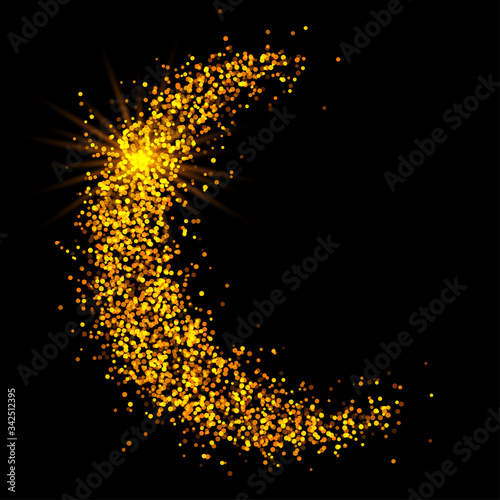 Crescent golden glitter moon on shiny black background for holy month of Muslim community Ramadan Kareem. Eid Mubarak glitter holiday design with glowing lights. Luxury gold crescent with confetti.