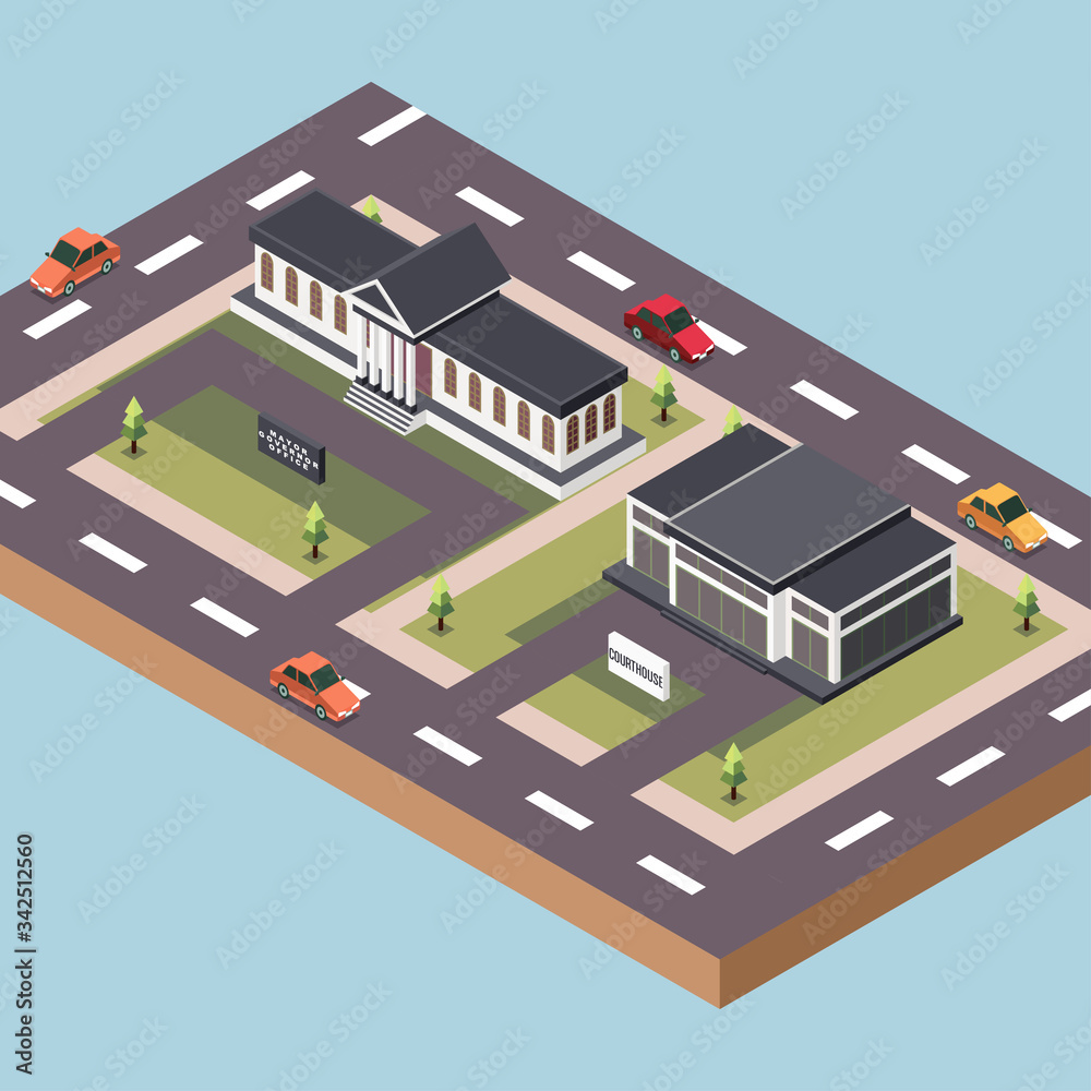 Isometric Vector Illustration Representing a Mayor Governor and Court House Building Surrounded by Roads and Cars in a Town