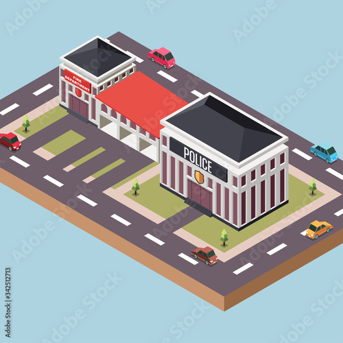 Isometric Vector Illustration Representing a Police and Fire Station Surrounded by Roads and Cars in a Town