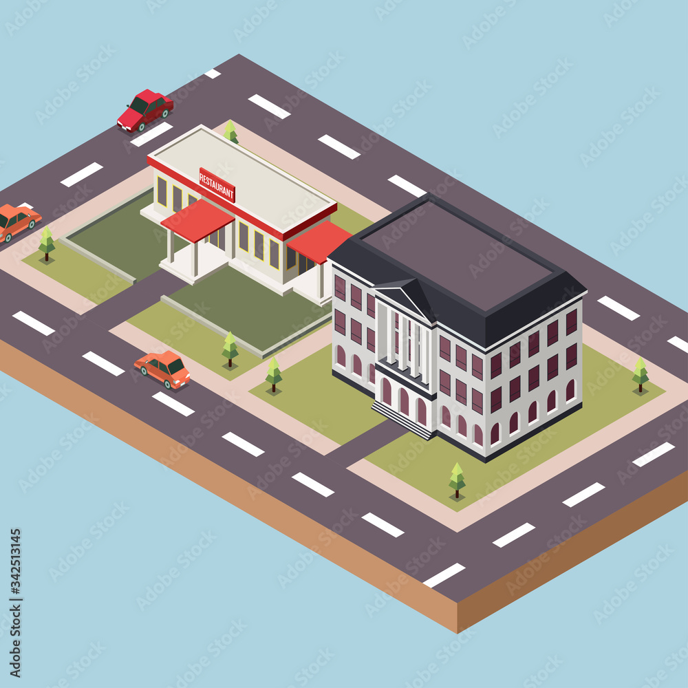 Isometric Vector Illustration Representing a Restaurant and Government Building Surrounded by Roads and Cars in a Town