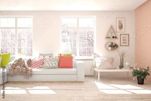 White living room with sofa and winter landscape in window. Scandinavian interior design. 3D illustration