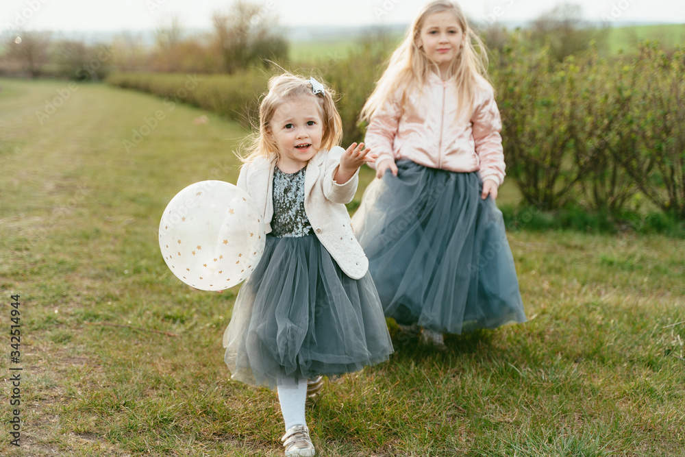 Naklejka premium Two little sisters in luxurious dresses with balloons on a background of green field. daughter's day