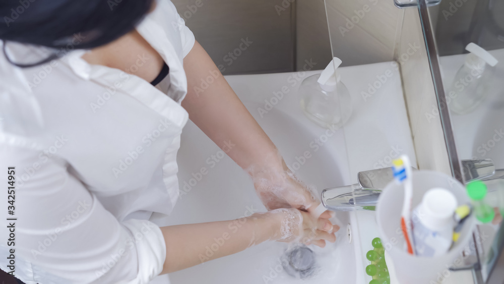Woman Washs Her Hands Clean With Antibacterial Soap - obrazy, fototapety, plakaty 