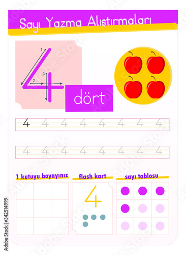 Number writing practice Turkish - number 4