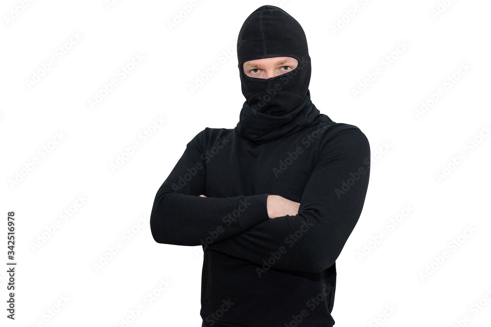 a man in balaclava with crossed arms isolated on white backgound a man in balaclava with crossed arms isolated on white backgound