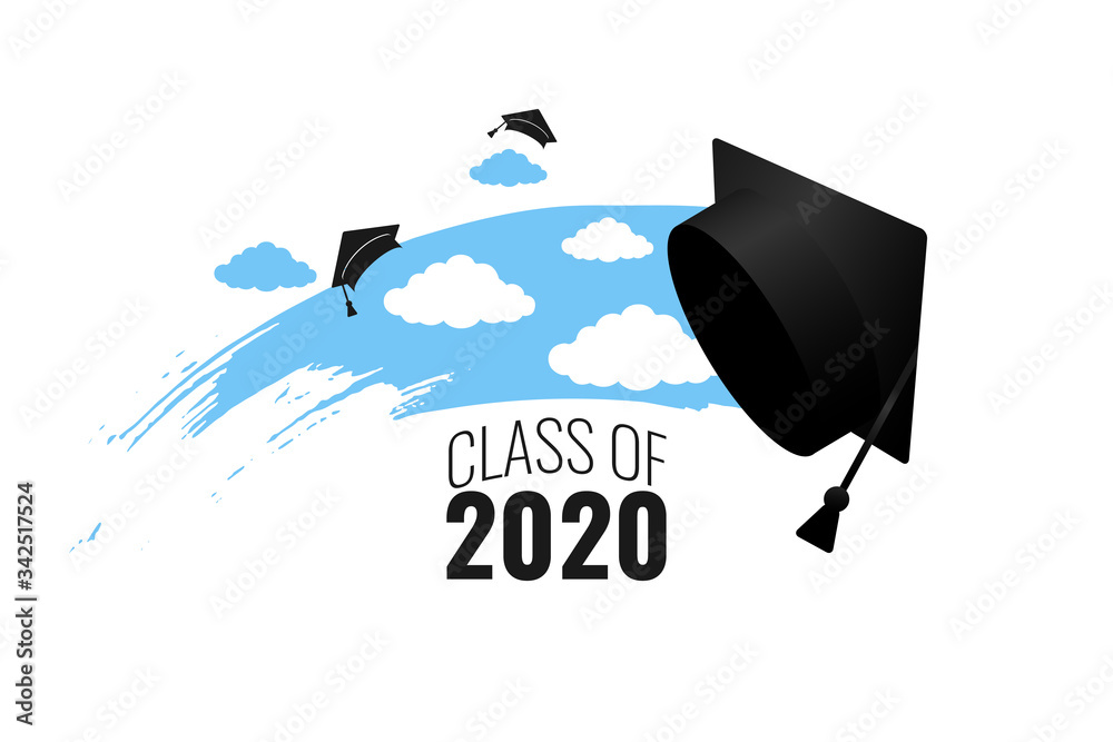 Class of 2020. Hand drawn brush blue sky stripe, clouds, number with ...