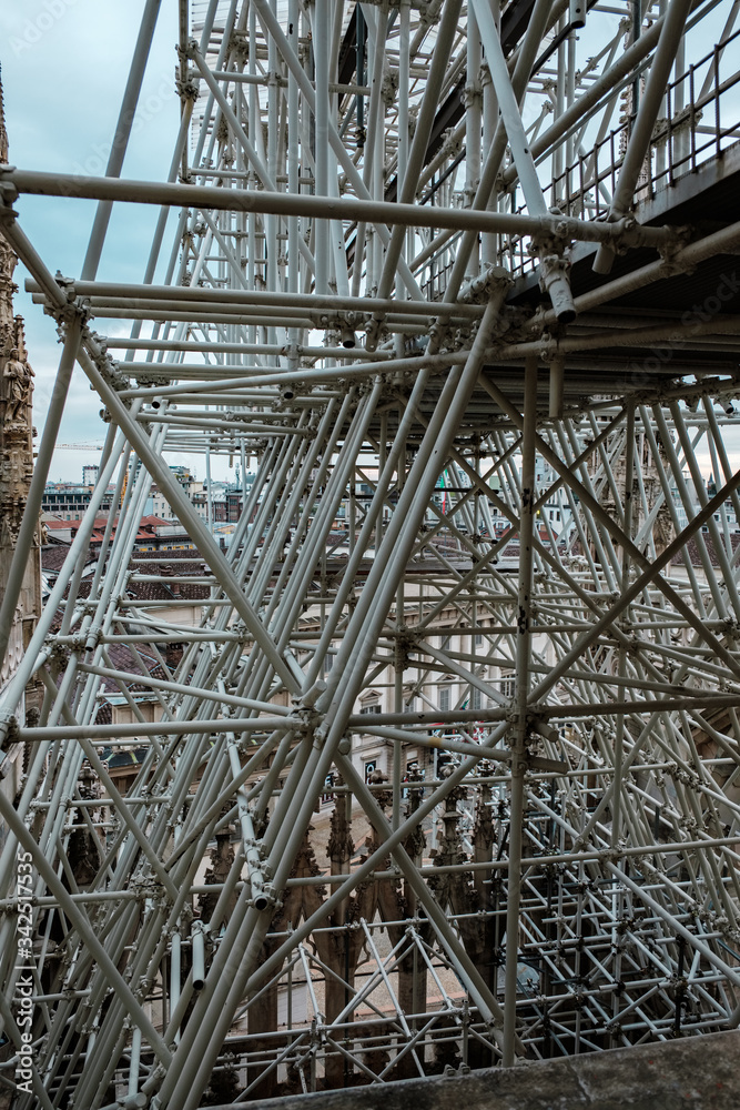 Structure of a scaffold on the roof of the Milan Cathedral