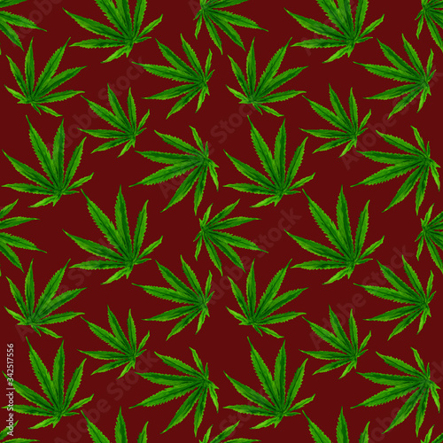 Marijuana gouache seamless pattern . Hemp marijuana, hemp leaves on red background. Green smoke hashish narcotic