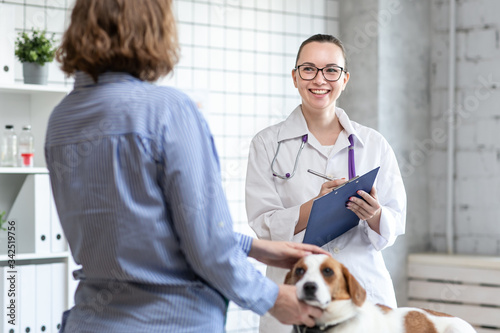 The veterinarian and the client with the dog to discuss the treatment in a veterinary clinic. © stock28studio