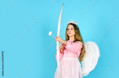 Endless love. Arrow of love. small angel girl with wings and halo. Cupid throws arrow with bow. Valentine day angel. Amour. God of love. February 14. valentine sale and discount. Cupid shoot with bow