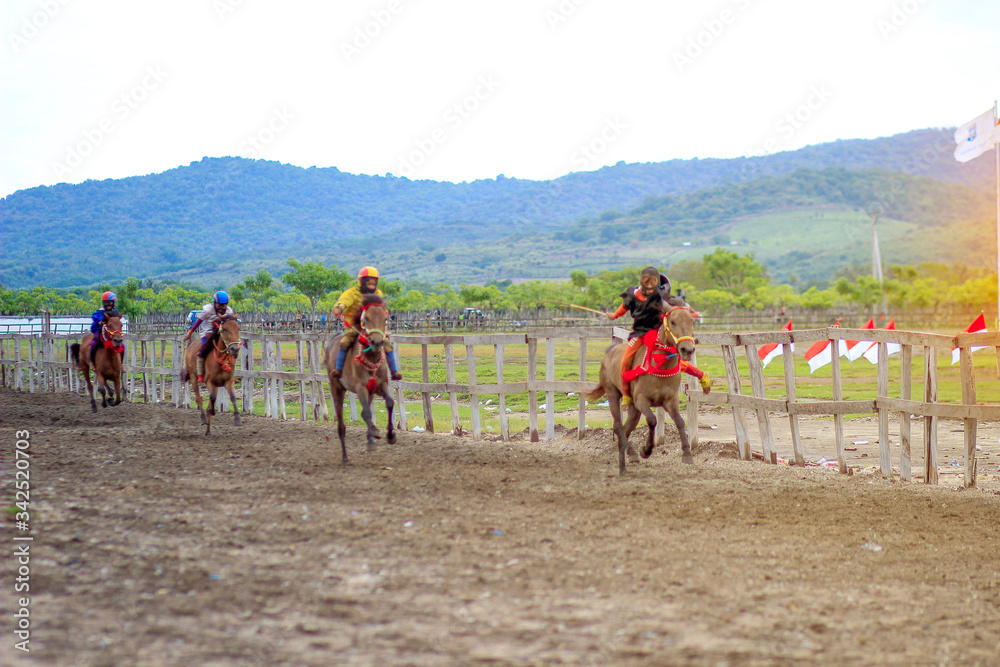 Sumbawa Indonesia, June 02 2020 : Horse racing, compete quickly to reach the finish line