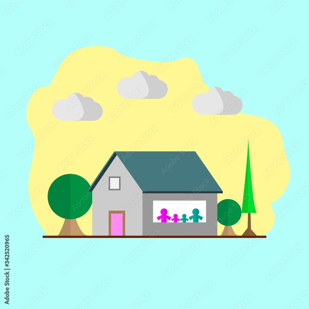 A flat illustration of a house during the day with urban scenery background. A flat illustration of a house during the day with urban scenery background.