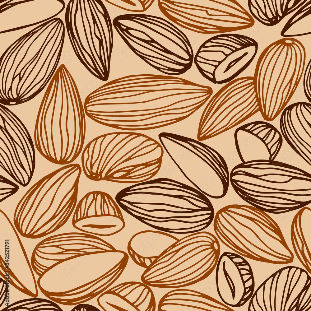 abstract seamless pattern of a set of almond kernels, for menu design or confectionery, textiles, vector illustration with colored contour lines on a creamy background in doodle & hand drawn style